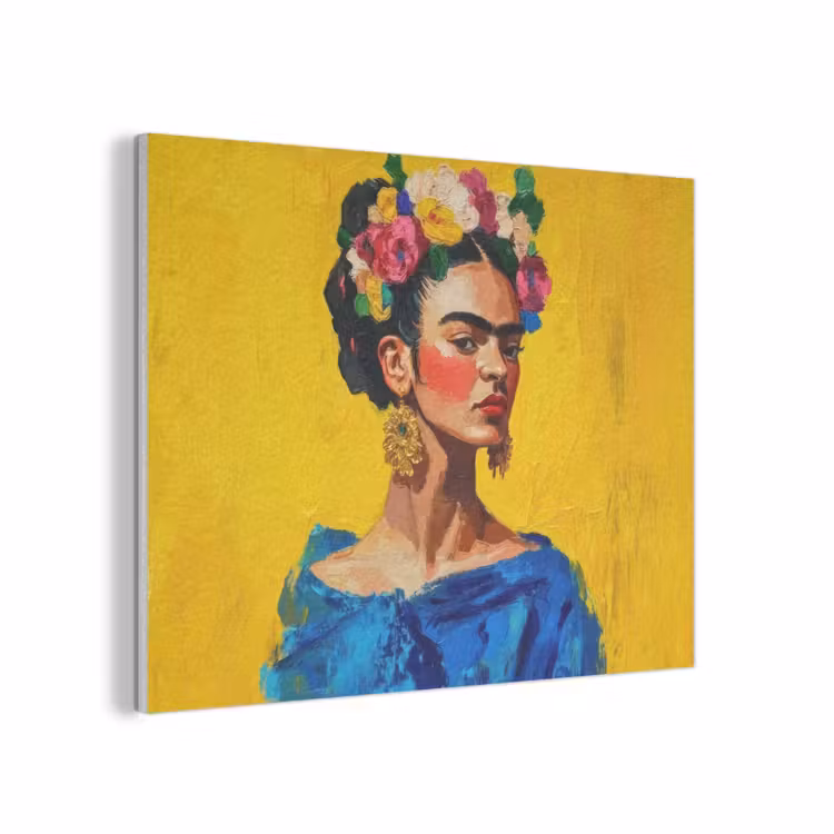 Frida Kahlo - Vrouw - Geel - Blauw - Bloemen PET vilt klein -3d