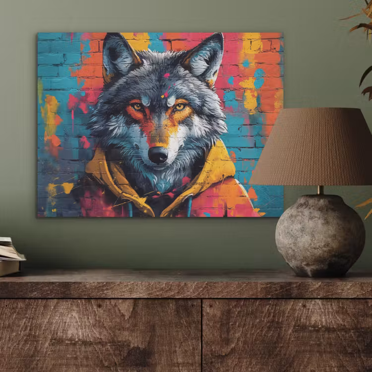 Graffiti - Wolf - Street art - Blauw PET vilt klein -sfeer2