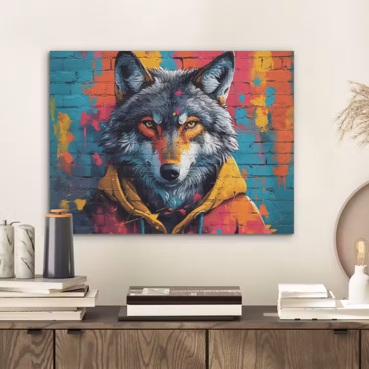 Graffiti - Wolf - Street art - Blauw PET vilt klein -sfeer1