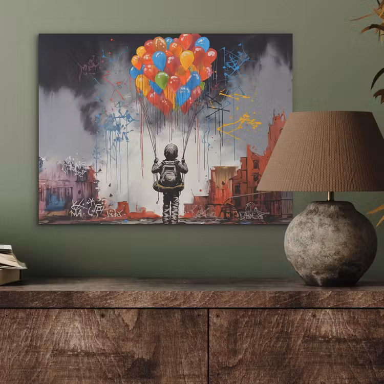 Jongen - Ballonnen - Gebouwen - Kunst PET vilt klein -sfeer2