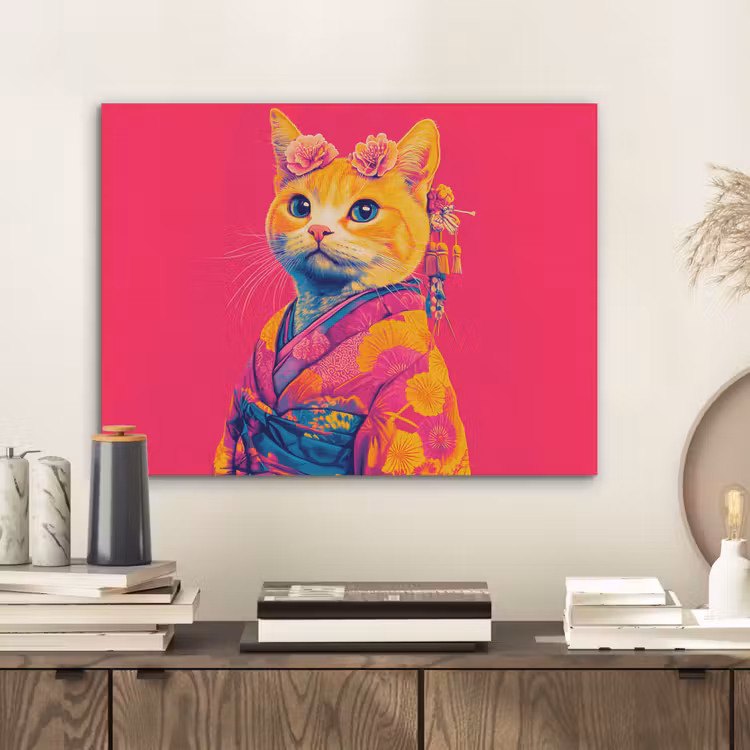 Kat - Kimono - Bloemen - Roze PET vilt klein -sfeer1