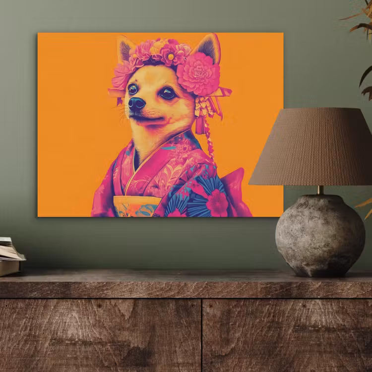Kimono - Hondje - Bloemenkroon - Oranje PET vilt klein -sfeer2