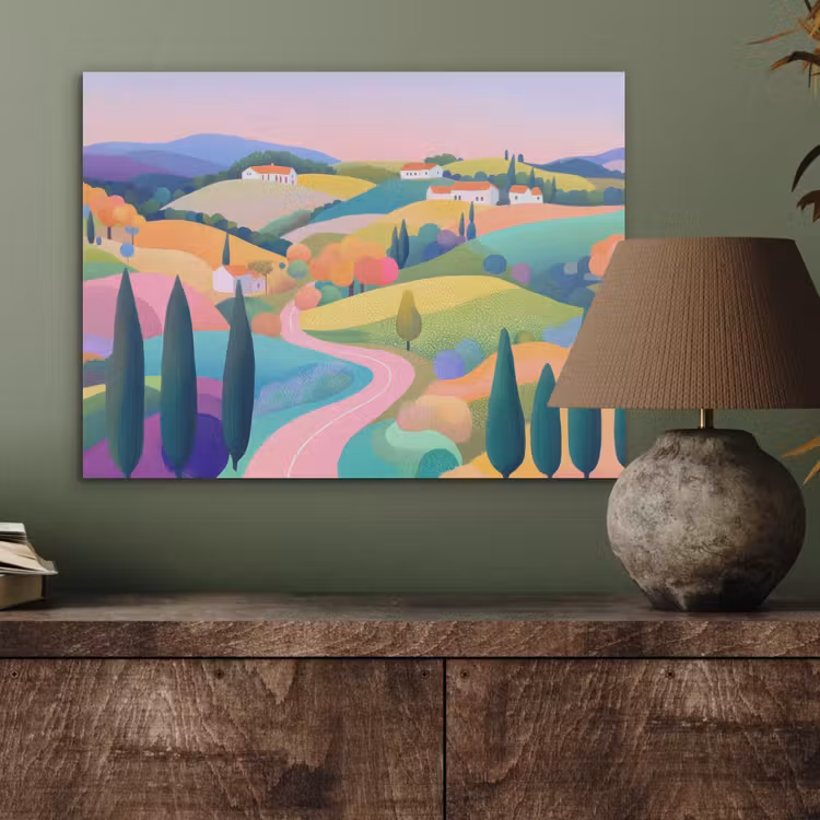 Landschap - Paars - Pastel - Huizen PET vilt klein -sfeer2
