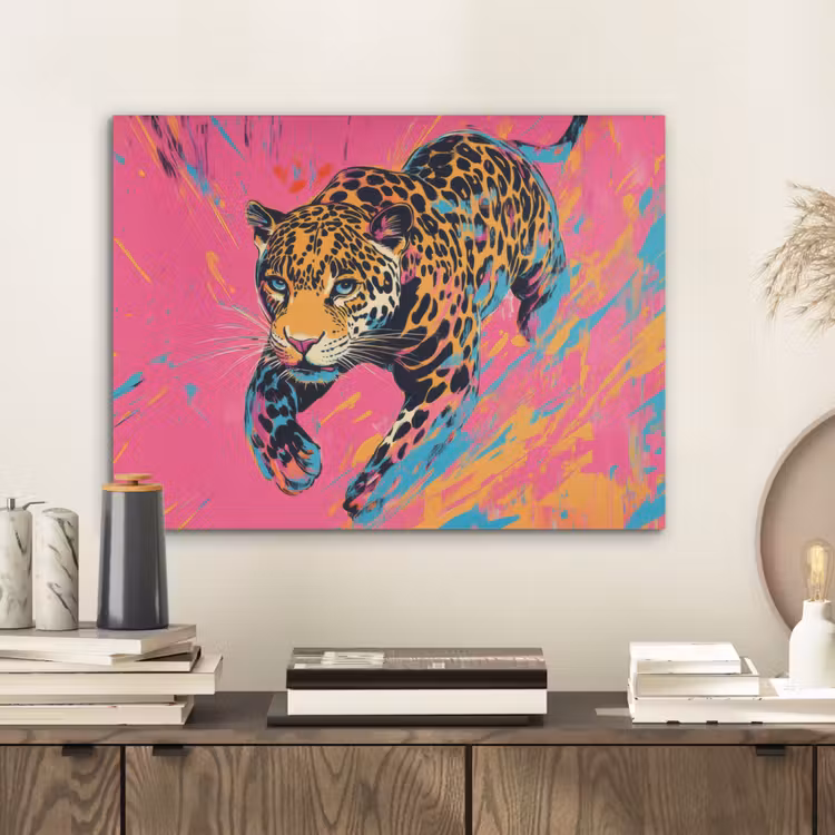 Luipaard - Roze - Oranje - Blauw - Verf PET vilt klein -sfeer1