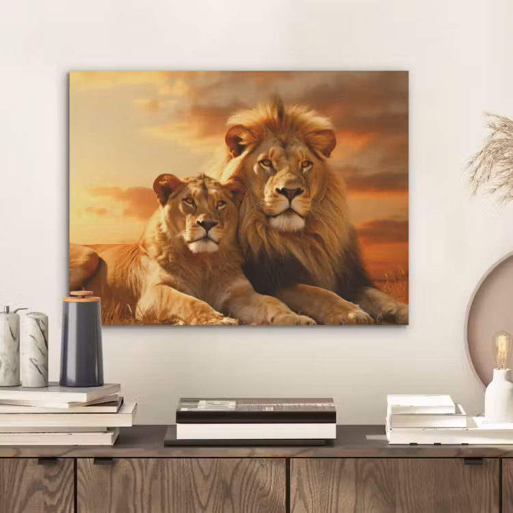 Leeuwen - Zonsondergang - Afrika - Savanne - Dieren PET vilt klein -sfeer1
