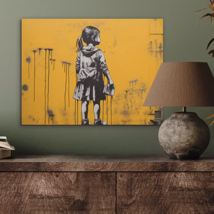 Meisje - Boek - Gele Muur - Graffiti PET vilt klein -sfeer2