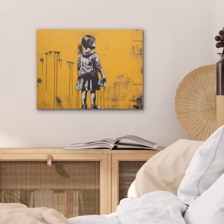 Meisje - Boek - Gele Muur - Graffiti PET vilt klein -sfeer3