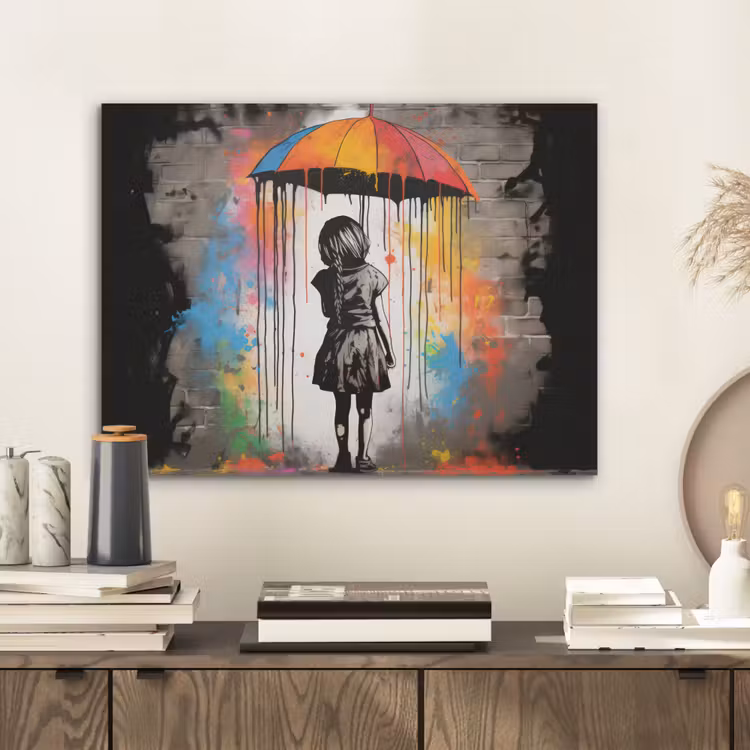 Meisje - Kunst - Paraplu - Graffiti - Kleuren - Muur PET vilt klein -sfeer1