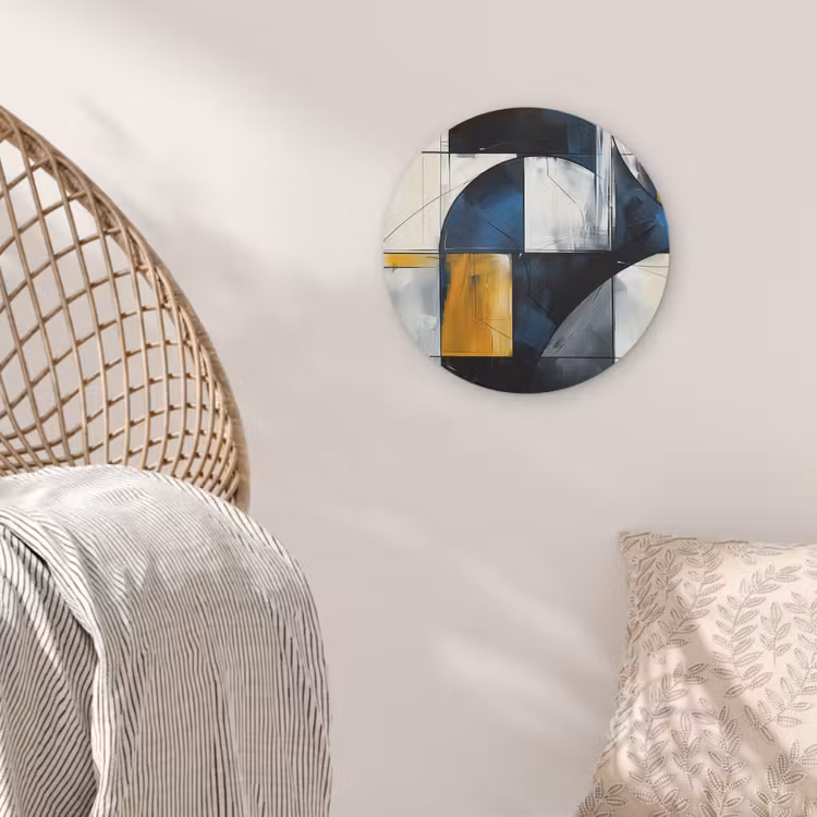 Abstract - Vormen - Goud - Blauw - Geometrisch Akoestische PET Vilt - Rond klein -sfeer4
