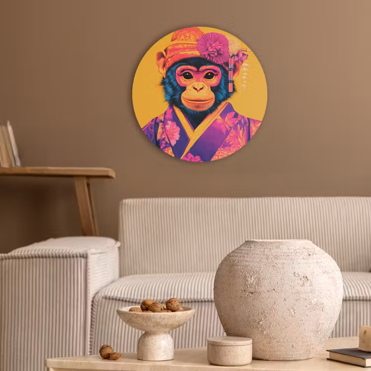 Aap - Kimono - Bloemen - Hoofdtooi Akoestische PET Vilt - Rond klein -sfeer1