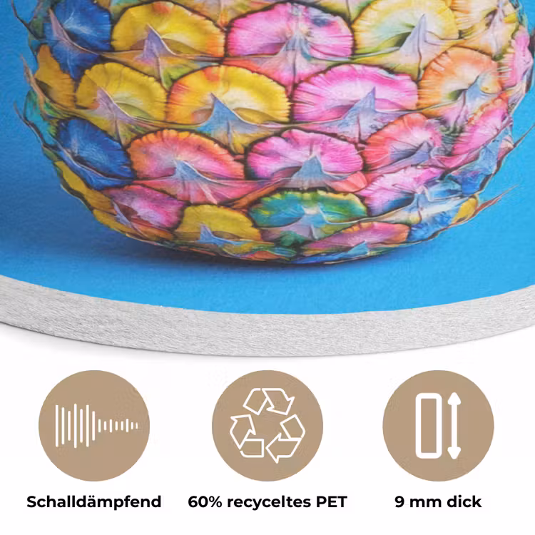 Ananas - Blauw - Tropisch - Vrolijk Akoestische PET Vilt - Rond klein -closeup_DE
