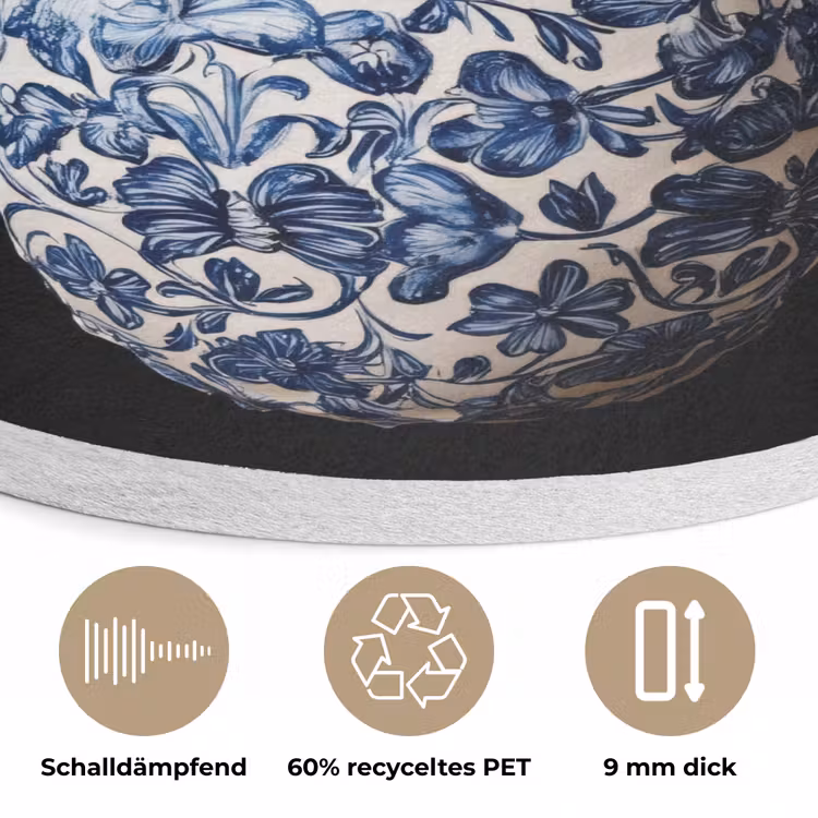 Ananas - Bloemen patroon - Goud - Delftsblauw Akoestische PET Vilt - Rond klein -closeup_DE
