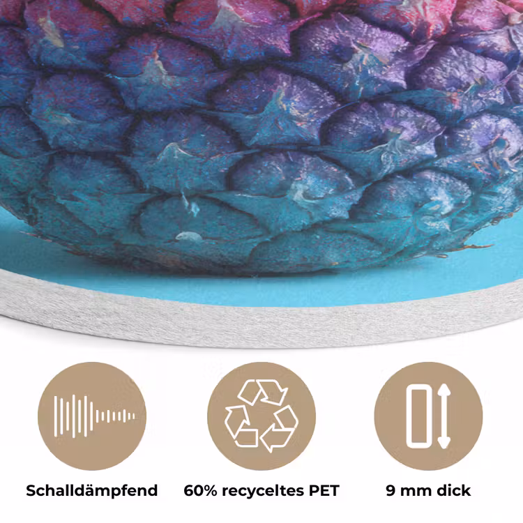 Ananas - Regenboog - Blauw - Popart Akoestische PET Vilt - Rond klein -closeup_DE