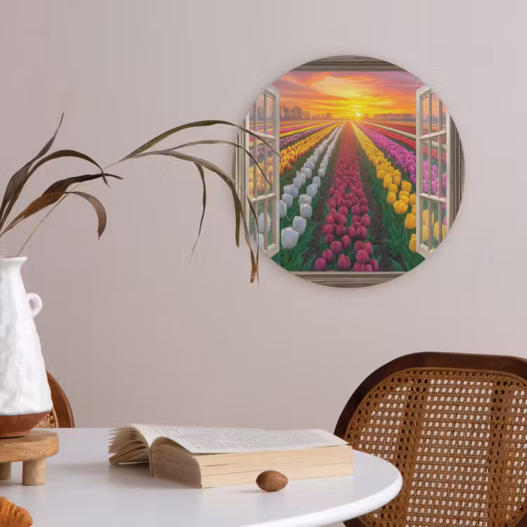 Doorkijk - Bloemen - Tulpen - Kleurrijk - Zonsondergang Akoestische PET Vilt - Rond klein -sfeer3