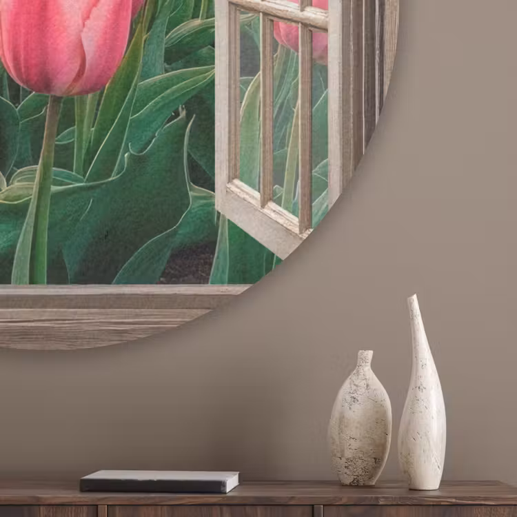 Doorkijk - Tulpen - Bloemen - Molen - Raam Akoestische PET Vilt - Rond klein -sfeer5_closeup