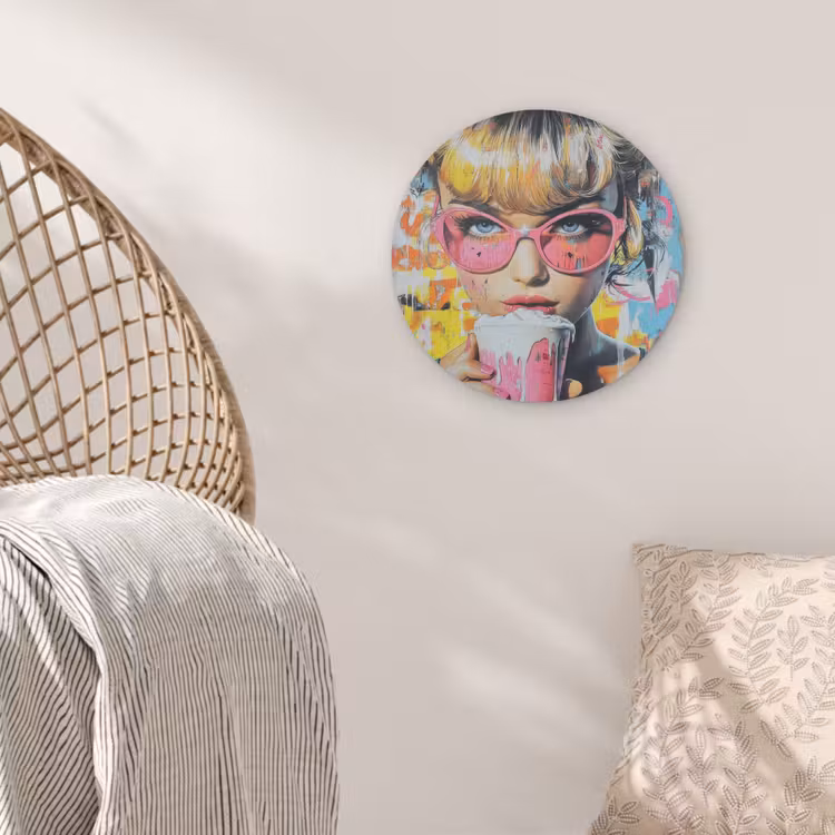 Expressief - Milkshake - Vrouw - Felle kleuren Akoestische PET Vilt - Rond klein -sfeer4