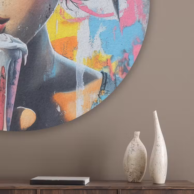 Expressief - Milkshake - Vrouw - Felle kleuren Akoestische PET Vilt - Rond klein -sfeer5_closeup