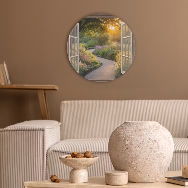 Doorkijk - Bloemen - Natuur - Zon - Pad Akoestische PET Vilt - Rond klein -sfeer1