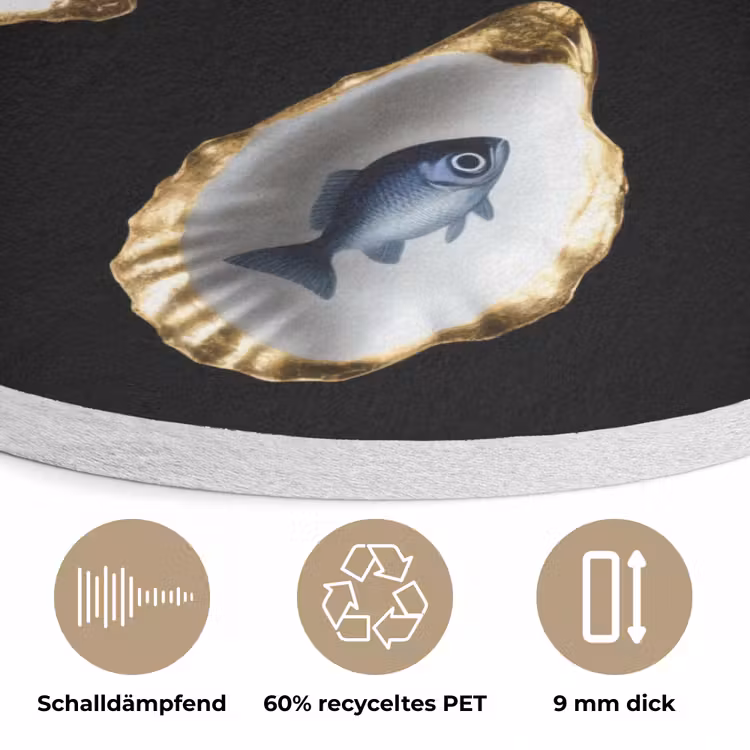 Oesters - Vissen - Blauw - Goud Akoestische PET Vilt - Rond klein -closeup_DE