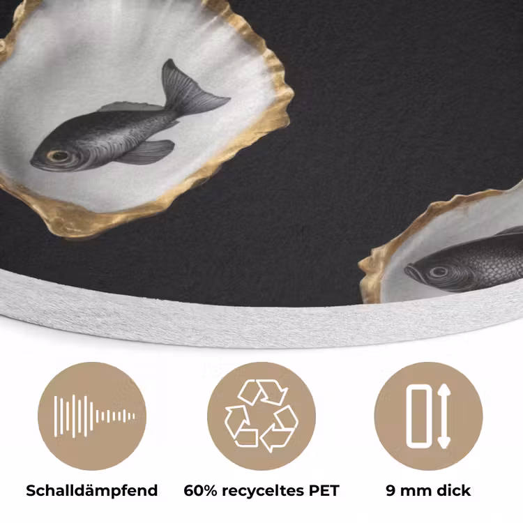 Oesters - Zwart - Vissen - Goud Akoestische PET Vilt - Rond klein -closeup_DE