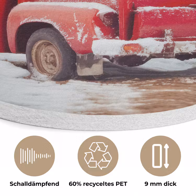 Auto - Rood - Cadeaus - Winter - Sneeuw - Kerst Akoestische PET Vilt - Rond klein -closeup_DE
