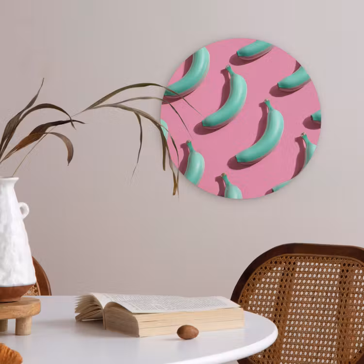 Bananen - Patroon - Blauw - Roze Akoestische PET Vilt - Rond klein -sfeer3