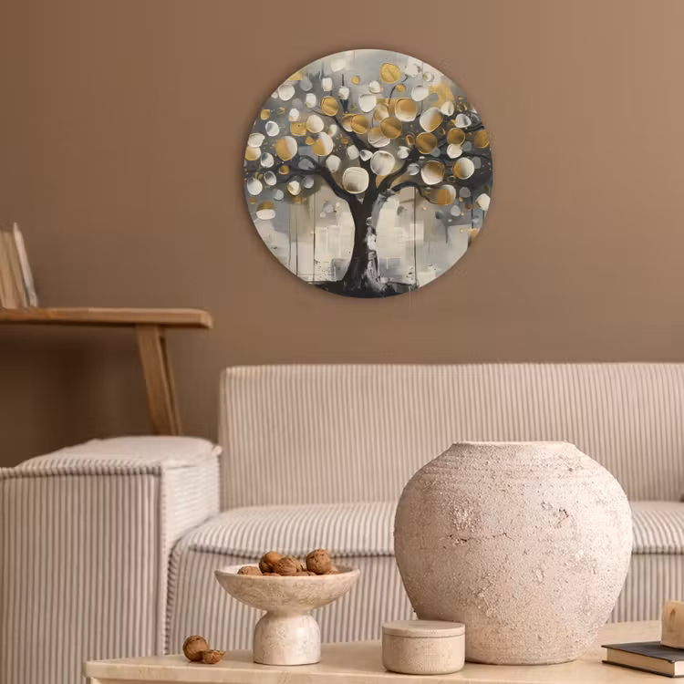 Boom - Abstract - Beige - Goud - Zwart Akoestische PET Vilt - Rond klein -sfeer1