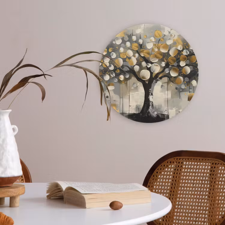 Boom - Abstract - Beige - Goud - Zwart Akoestische PET Vilt - Rond klein -sfeer3