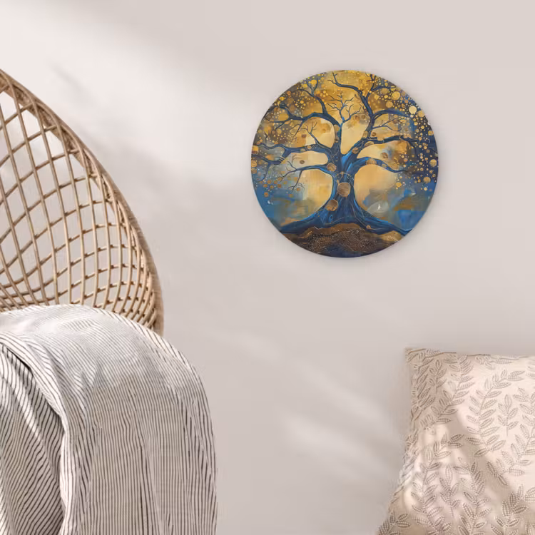 Boom - Levensboom - Blauw - Goud Akoestische PET Vilt - Rond klein -sfeer4