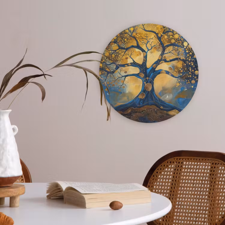Boom - Levensboom - Blauw - Goud Akoestische PET Vilt - Rond klein -sfeer3