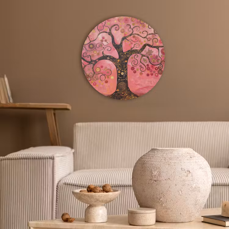 Boom - Levensboom - Roze - Goud Akoestische PET Vilt - Rond klein -sfeer1