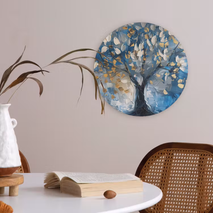 Boom - Blauw - Goud - Abstract Akoestische PET Vilt - Rond klein -sfeer3