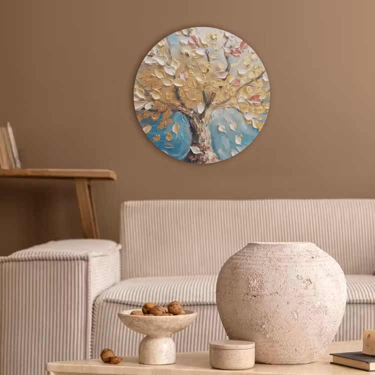 Boom - Blauw - Goud - Abstract - Modern Akoestische PET Vilt - Rond klein -sfeer1