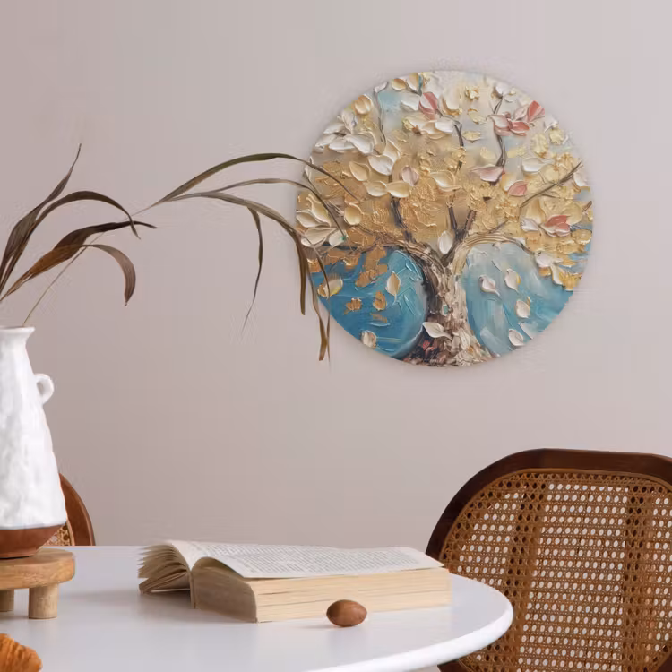 Boom - Blauw - Goud - Abstract - Modern Akoestische PET Vilt - Rond klein -sfeer3