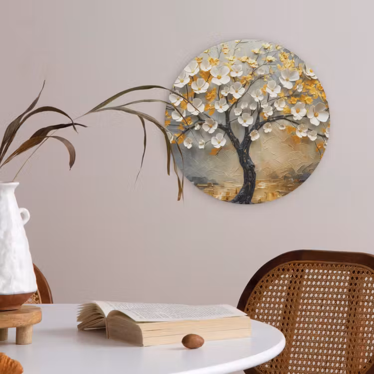 Boom - Bloemen - Goud - Beige Akoestische PET Vilt - Rond klein -sfeer3