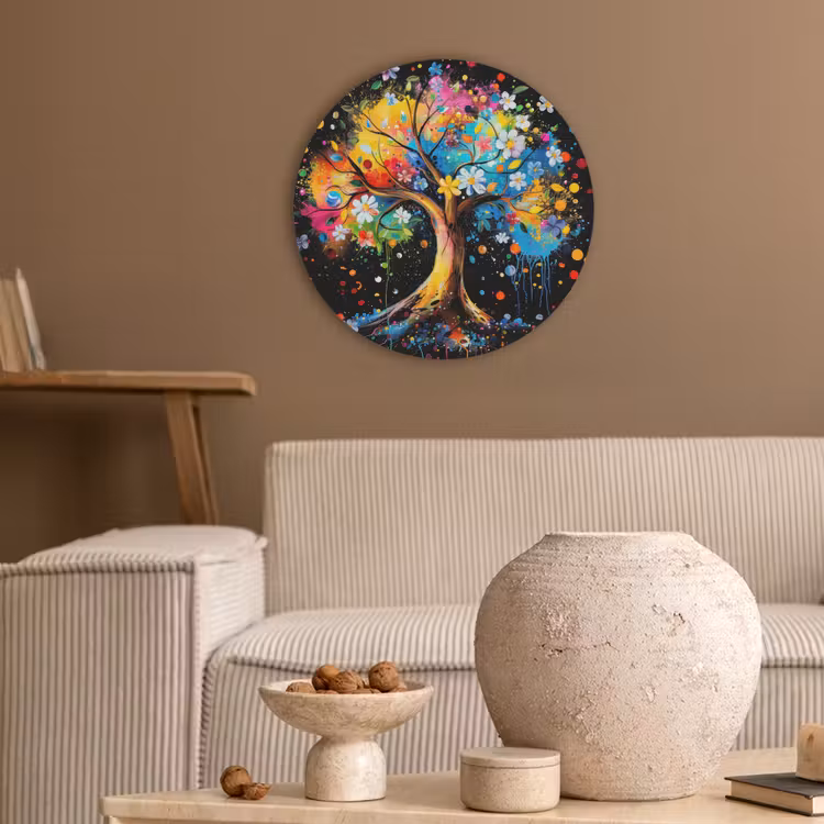 Boom - Kleurrijk - Bloemen - Zwart Akoestische PET Vilt - Rond klein -sfeer1