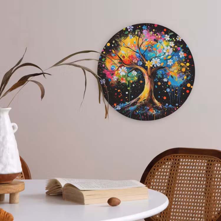 Boom - Kleurrijk - Bloemen - Zwart Akoestische PET Vilt - Rond klein -sfeer3