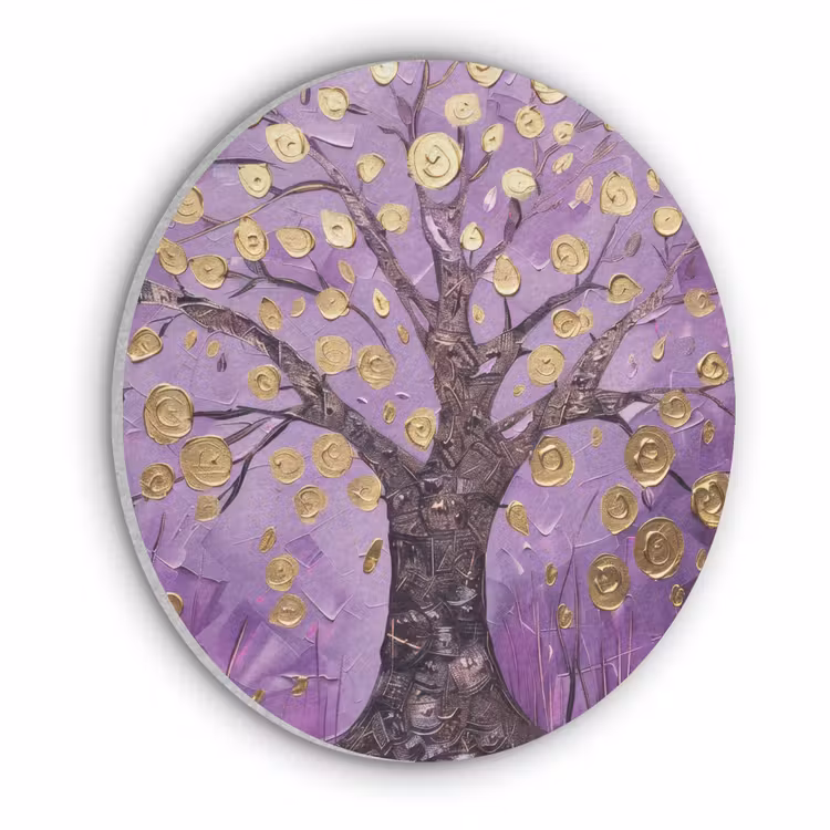 Levensboom - Boom - Paars - Goud - Modern Akoestische PET Vilt - Rond klein -3d