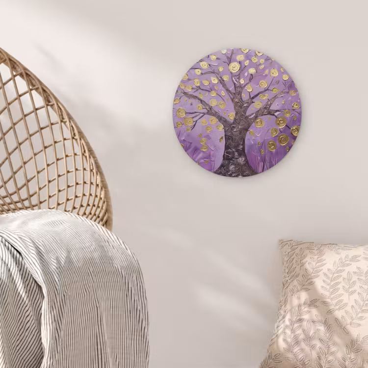 Levensboom - Boom - Paars - Goud - Modern Akoestische PET Vilt - Rond klein -sfeer4