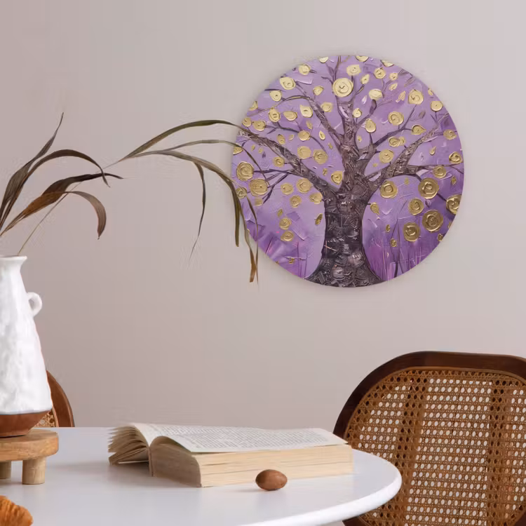 Levensboom - Boom - Paars - Goud - Modern Akoestische PET Vilt - Rond klein -sfeer3