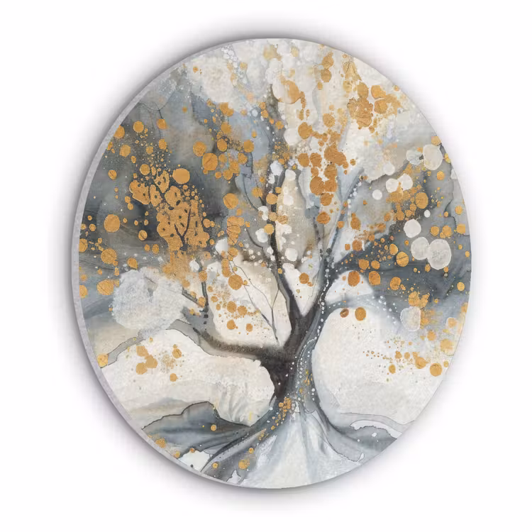 Boom - Modern - Abstract - Goud - Zwart - Wit Akoestische PET Vilt - Rond klein -3d