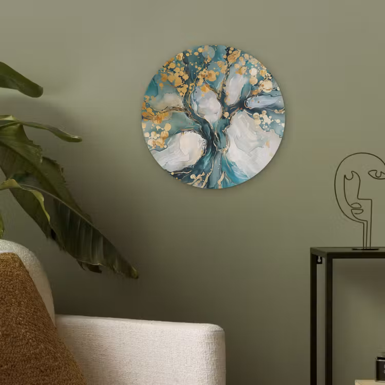 Boom - Modern - Verflook - Turquoise - Goud Akoestische PET Vilt - Rond klein -sfeer2