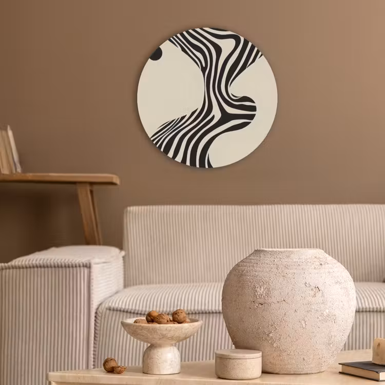 Beige - Lijnen - Golvend - Abstract Akoestische PET Vilt - Rond klein -sfeer1