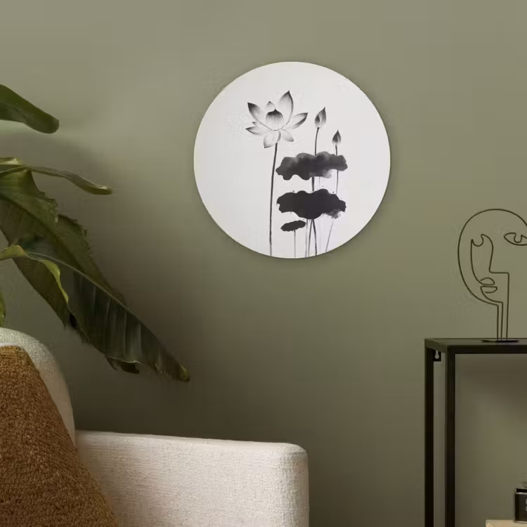 Bladeren - Zwart - Lotusbloem - Minimalitisch Akoestische PET Vilt - Rond klein -sfeer2