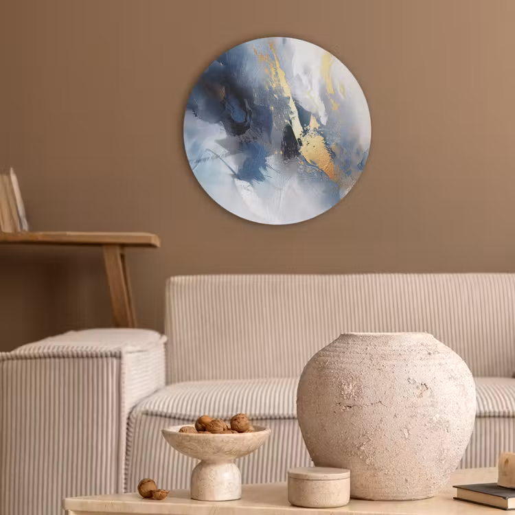 Blauw - Modern - Marmer - Abstract - Goud Akoestische PET Vilt - Rond klein -sfeer1