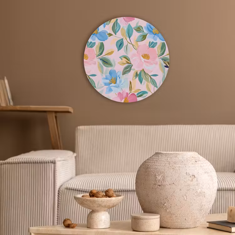 Blauw - Roze - Bloemen Akoestische PET Vilt - Rond klein -sfeer1