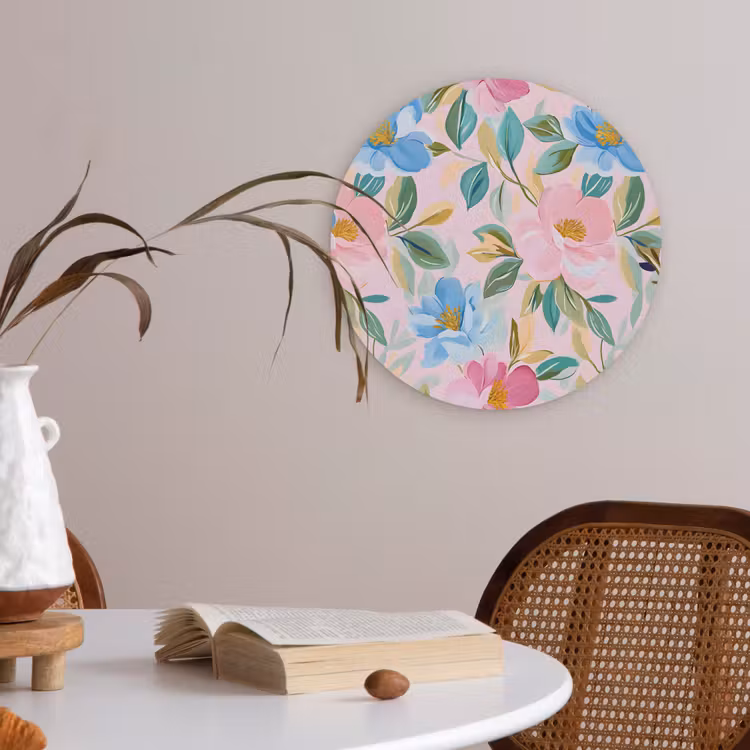 Blauw - Roze - Bloemen Akoestische PET Vilt - Rond klein -sfeer3