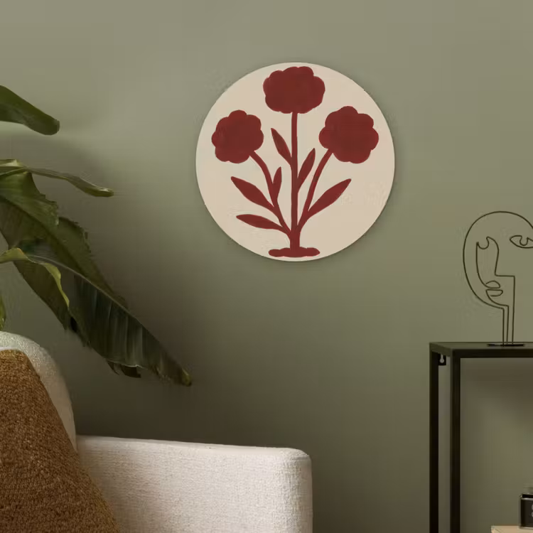 Bloemen - Bladeren - Rood - Minimalistisch Akoestische PET Vilt - Rond klein -sfeer2