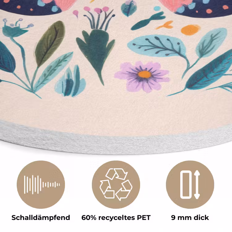 Bloemen - Bladeren - Vlinder - Kleurrijk Akoestische PET Vilt - Rond klein -closeup_DE