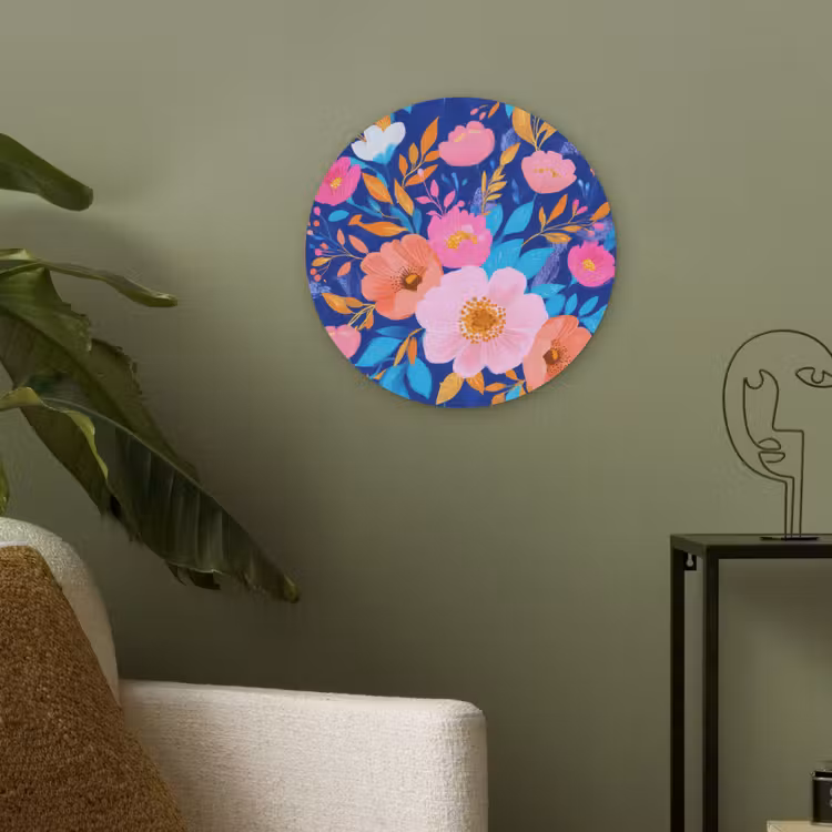 Bloemen - Blauw - Roze Akoestische PET Vilt - Rond klein -sfeer2